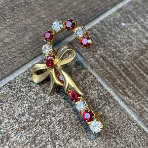 Vintage Eisenberg Candy Cane Bow Brooch Red Clear‎ Rhinestones